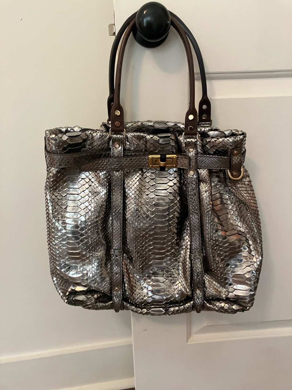 Lanvin Silver Python-Texture Shoulder Bag with Brown Handles